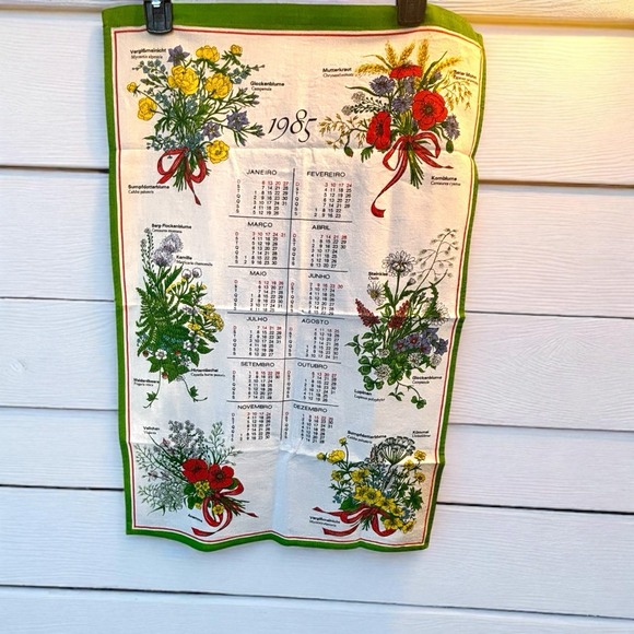 Karsten Other - 1985 Vintage Portuguese Linen Cloth Calendar Tea Towel Wall Hanging Flowers Rare